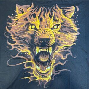 Vintage Y2K Liquid Blue Black Flaming Wolf Graphic Short‎ Sleeve T Shirt Men 4XL